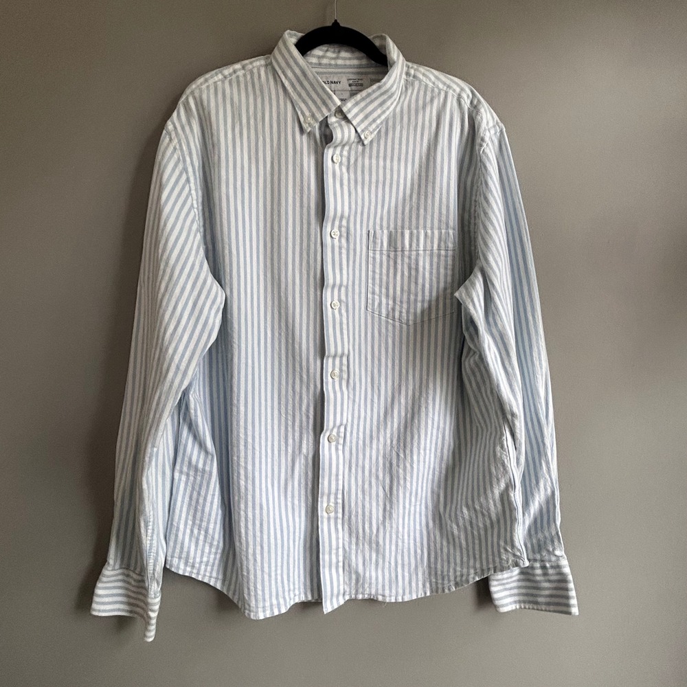Old Navy Mens Slim Fit Everyday Shirt Blue White Striped Built-In Flex Large